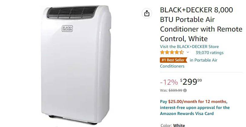 W504 BLACK+DECKER 8,000 BTU Portable Air Conditioner with Remote Control,  White Auction