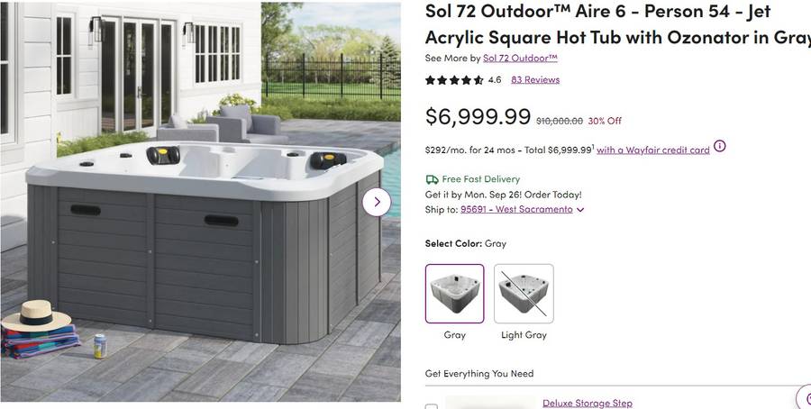 Sol 72 Outdoor Aire 6 Person 54 Jet Acrylic Square Hot Tub with Ozonator in Gray