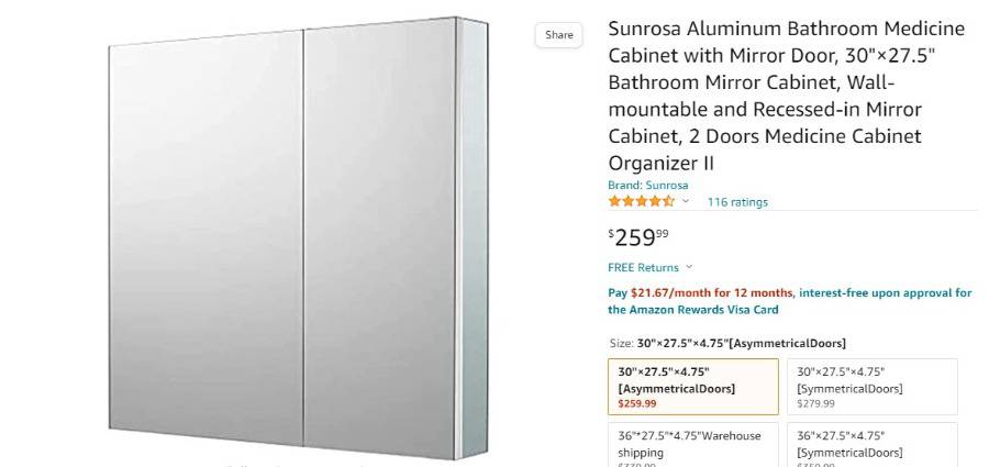 Sunrosa Aluminum Bathroom Medicine Cabinet with Mirror Door, 3027.5 Bathroom Mirror Cabinet, Wall-Mountable and Recessed-in Mirror Cabinet, 2 Doors