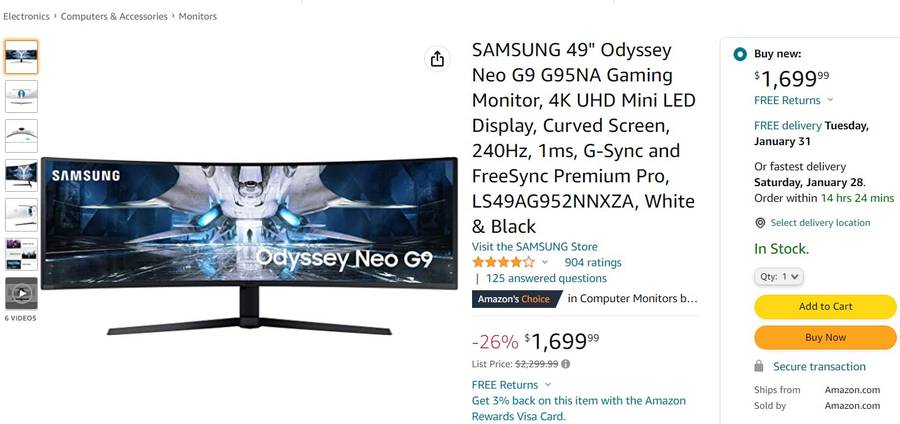SAMSUNG 49 Odyssey Neo G9 Series G95NA 4K UHD Curved Gaming Monitor,  240Hz, 1ms, Mini LED Display, G-Sync and FreeSync Premium Pro,  LS49AG952NNXZA