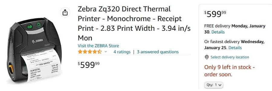 Zebra Zq320 Direct Thermal Printer Monochrome Receipt Print 2.83 Print Width 3.94 in s Mon - 1