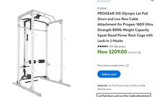 PROGEAR 310 Olympic Lat Pull Down and Low Row Cable Attachment for Progear  1600 Ultra Strength 800lb Weight Capacity Squat Stand Power Rack Cage with  Lock-in J-Hooks 