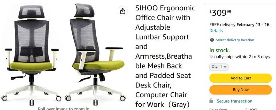 SIHOO Ergonomic Chair with Adjustable Lumbar Support, Wide Thick Cushion  and Flip-up Armrests, Big and Tall Office Chair for 330lbs. 
