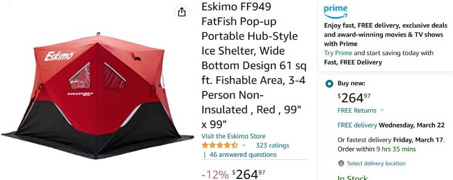 FF949 Eskimo FATFISH 949 Ice Shelter Fishing Shanty Portable Tent
