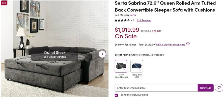 Serta Sabrina 72.6'' Queen Rolled Arm Tufted Back Convertible Sleeper Sofa  with Cushions & Reviews
