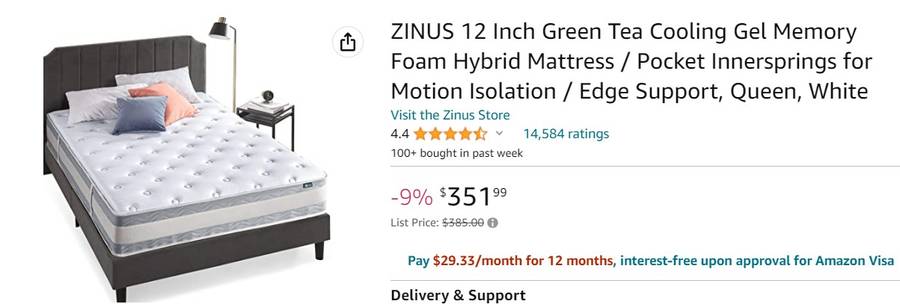 ZINUS 12 Inch Green Tea Cooling Gel Memory Foam Mattress / Cooling