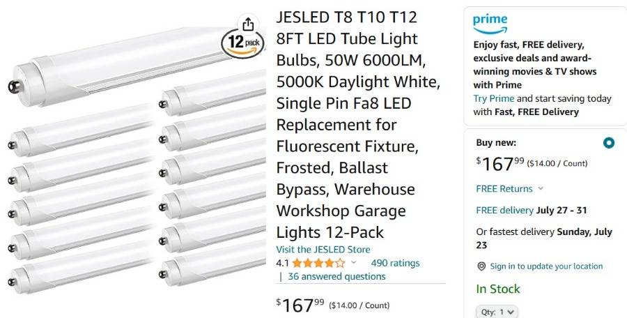JESLED T8 T10 T12 8FT LED Tube Light Bulbs, 50W 6000LM, 5000K Daylight  White, Single Pin Fa8 LED Replacement for Fluorescent Fixture, Frosted,  Ballast