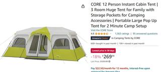 CORE 12 Person Instant Cabin Tent | 3 Room Huge Tent for Family with  Storage Pockets for Camping Accessories | Portable Large Pop Up Tent for 2  Minute