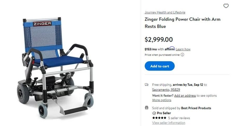 Zinger Folding Power Chair with Arm Rests Blue