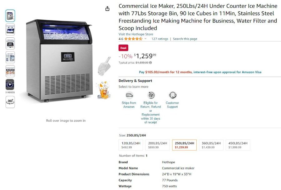 Commercial Ice Maker, 250Lbs/24H Under Counter Ice Machine with 77Lbs  Storage Bin, 90 Ice Cubes in 11Min, Stainless Steel Freestanding Ice Making