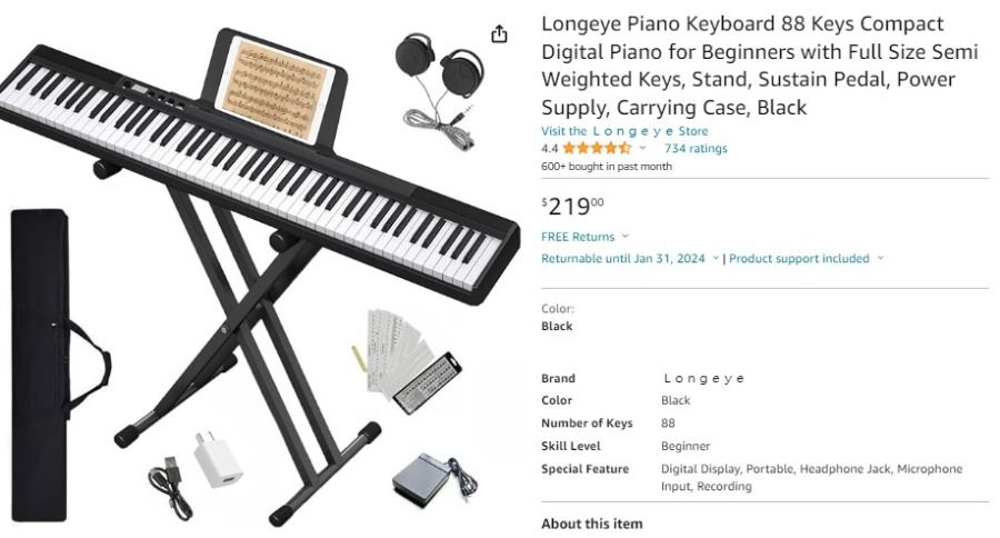 Longeye Foldable Piano Keyboard 88 Key Folding Piano Portable Electric  Keyboard Semi Weighted Digital Piano for Beginners with Headphone, Sustain
