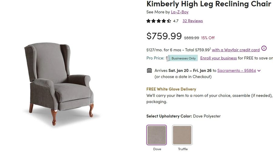 Kimberly high leg online reclining chair