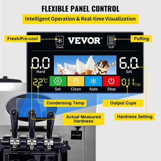 VEVOR 2200W Commercial Soft Ice Cream Machine 3 Flavors 5.3 to 7.4Gallon  per Hour PreCooling at Night Auto Clean LCD Panel for Restaurants Snack  Bar, Sliver